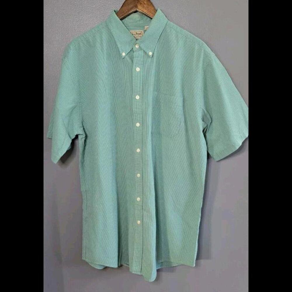 LL Bean Men's L-Tall Green Button-Up Short Sleeve Cotton Shirt
